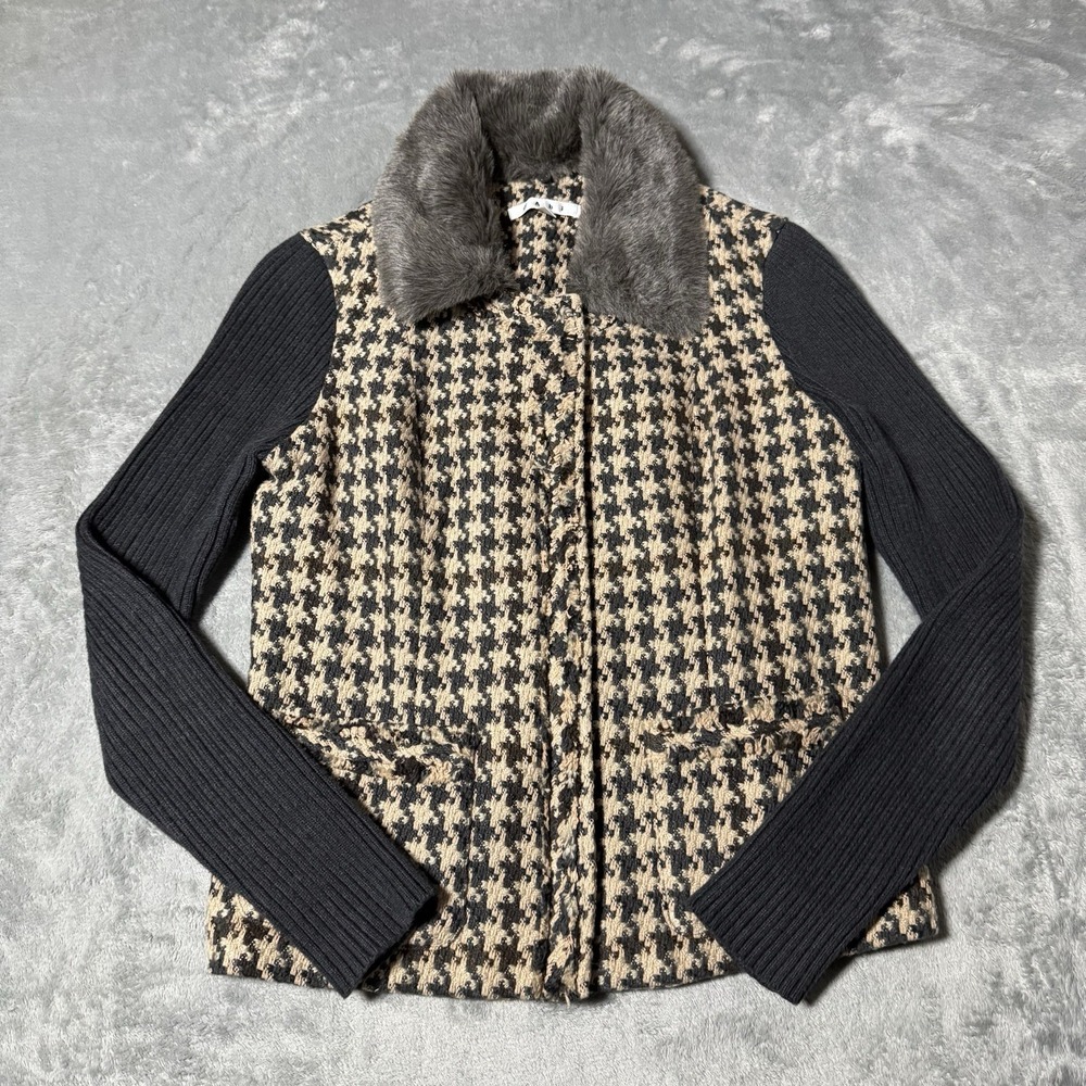 VTG Y2K Cabi Herringbone Faux Fur Collar Jacket Womens Size 4 Indie City